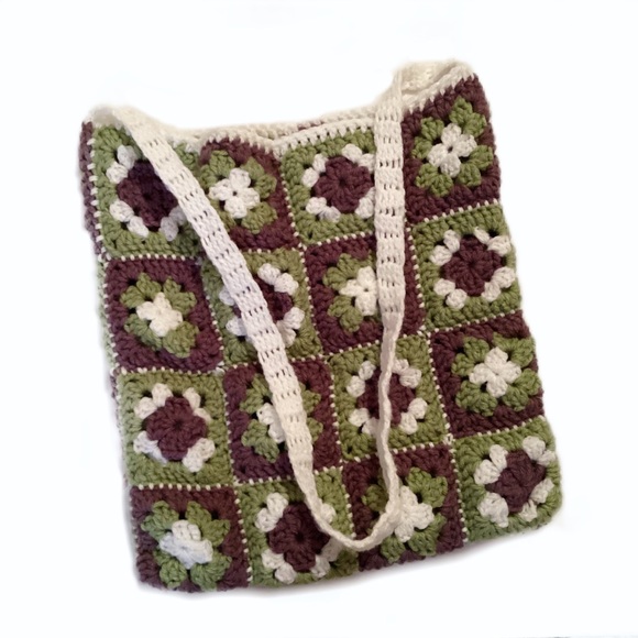 Handmade Green & Purple Floral Square Crochet Bag - Picture 1 of 4